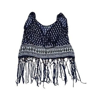 Women Earthbound Navy and White Paisley Beaded Bottom Crop Tank Size Large